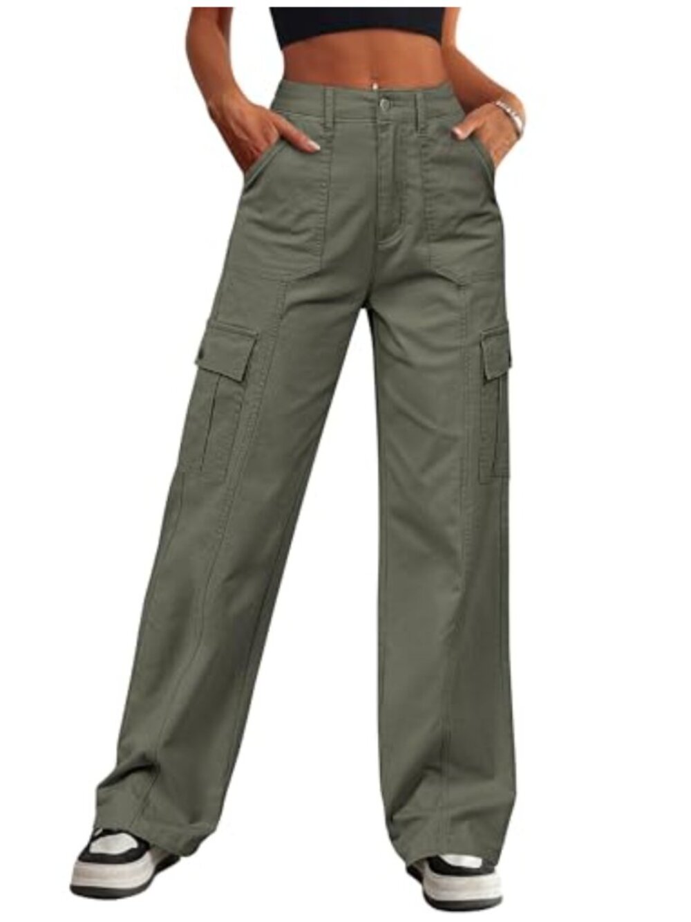High Waisted Wide Leg Cargo Pants Cotton Spandex Drawstring Ankle Cuffs
